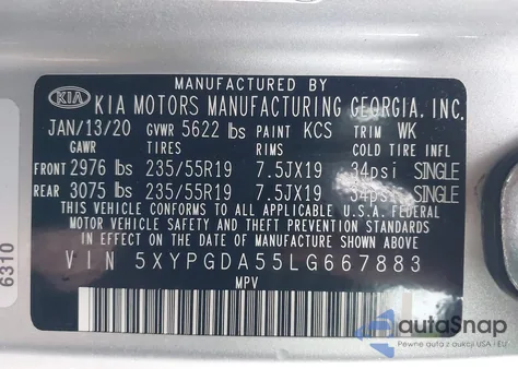 2020 Kia Sorento 3.3L S z USA, uszkodzony, nr VIN 5XYPGDA55LG667883